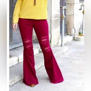 Deep red distressed high rise flare jeans l&b